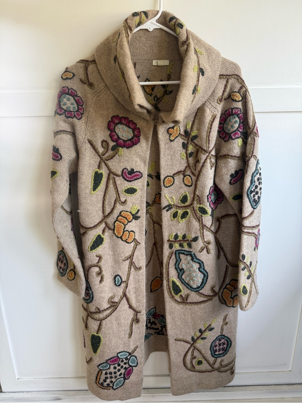 J Jill Sweater Coat Small Beige Embroidered Floral Open Front Wool Knit Boho